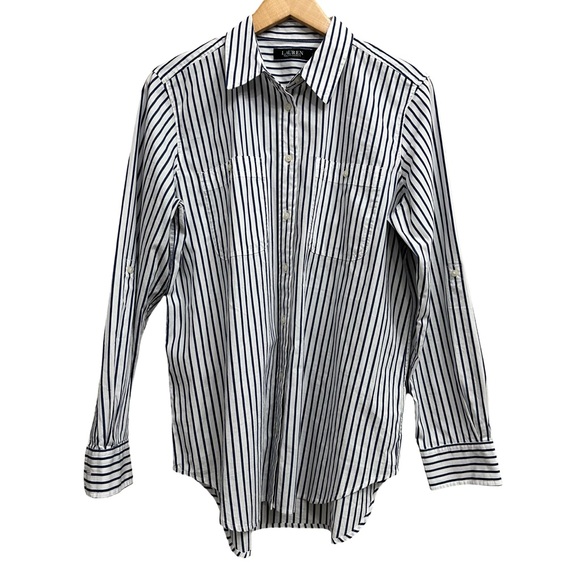 Lauren Ralph Lauren Black Label Blouse Navy & White Striped Button Down SZ Large - Picture 3 of 10